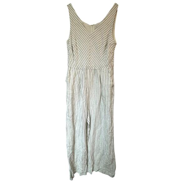 RACHEL ZOE Womens 10 Linen Sleeveless Jumpsuit Romper White Black Stripe Pockets - Picture 4 of 10